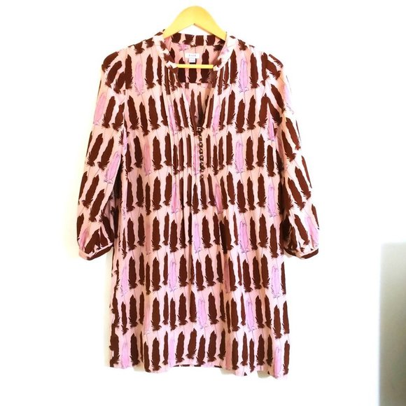 Fossil Dresses & Skirts - Fossil Riley 100% Silk Feather Pink Brown Button Tunic‎ Dress Size S